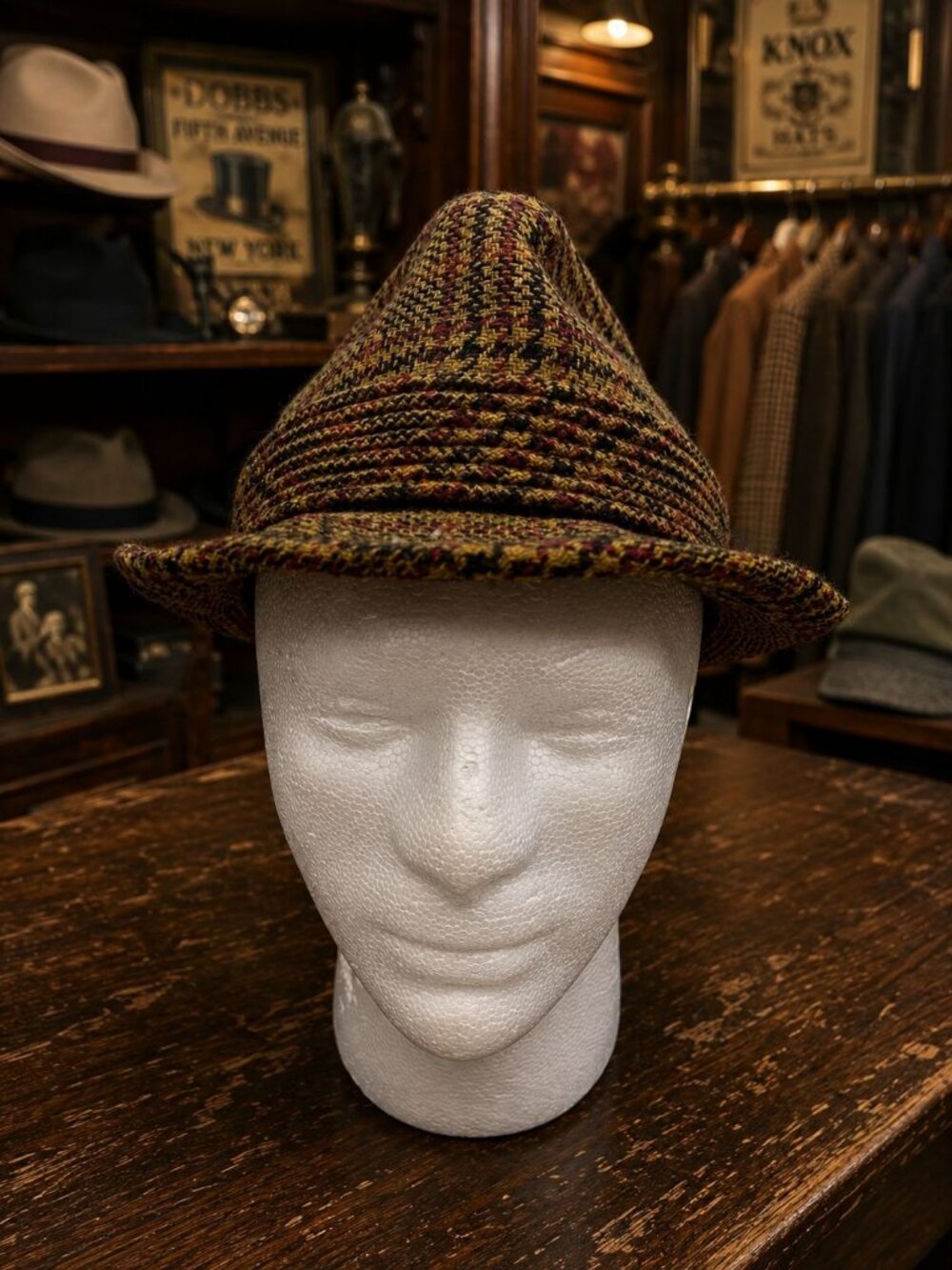 Vintage Mens Plaid Wool Fedora Feather Accent Check Pattern Brown/Yellow/Red